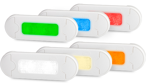 Stacked rows of Surface mount Courtesy lights in White, Warm White, Amber, Green, Red, and Blue.