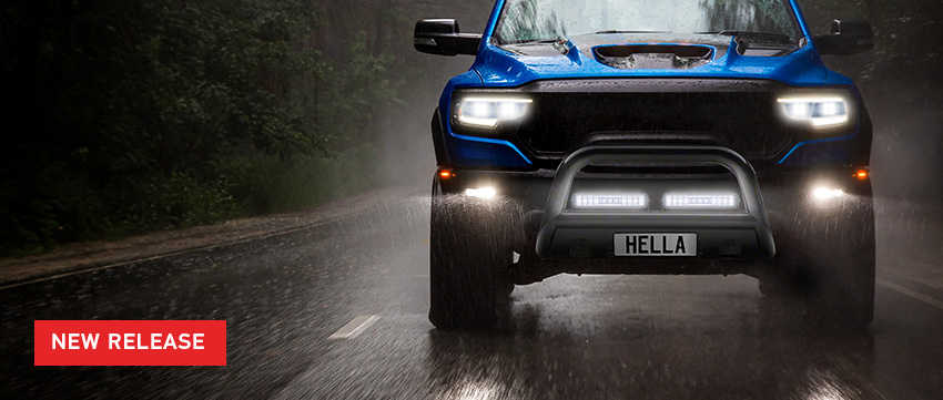 Text New Release over image of oncoming 4WD on road with lights