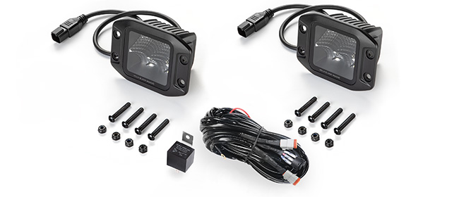 Black Magic Cube Flush Mount Flood Driving Light Kit contents laid out