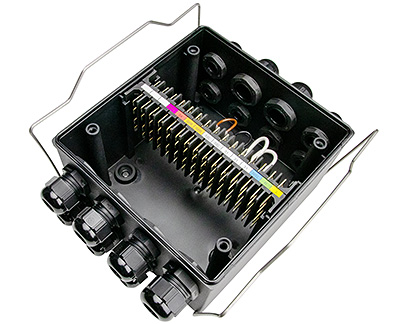 Open junction box displaying wide range of connection options