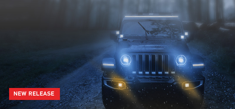 Image of 4WD vehicle coming through fog with yellow fog lights