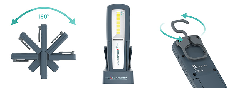 Depicts 180° Flexible Head, Work lamp on charger base, and retractable hook