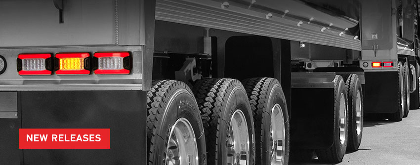 New Release text over image of DuraLED PRIME Rear Signal Lamps on Truck and Trailer Unit