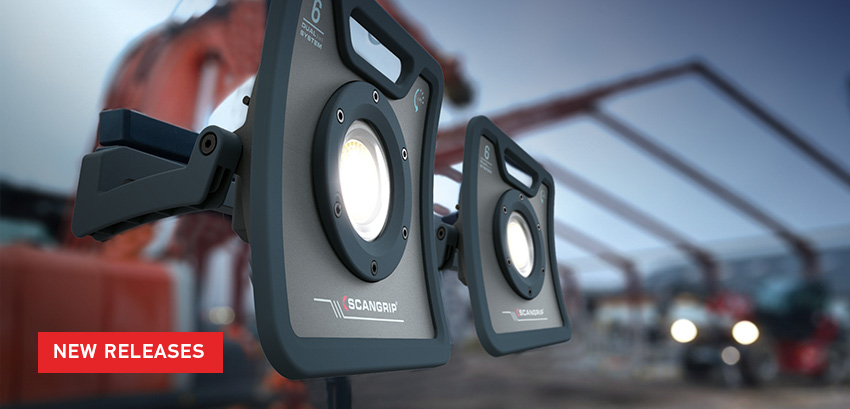 New Release text over image of two Nova 6 Work lamps on stands in contruction site.